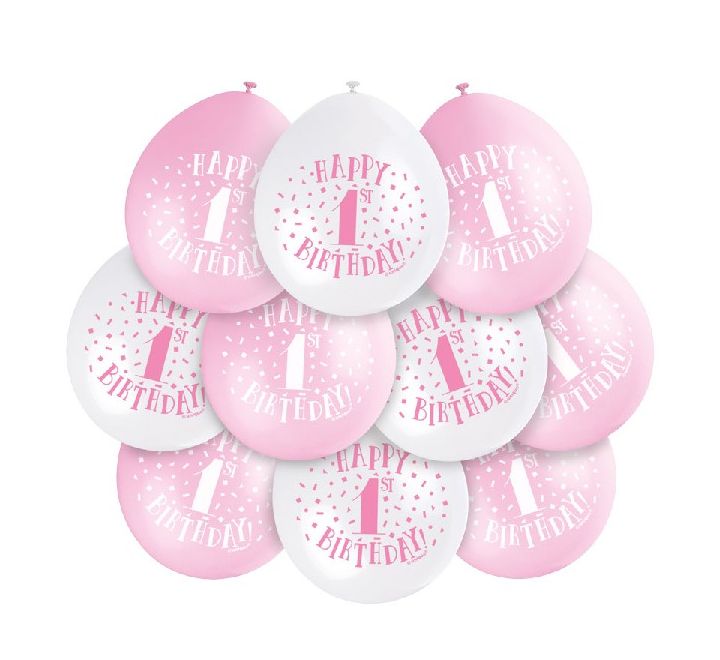 10pk 1st Birthday Balloons - Pink