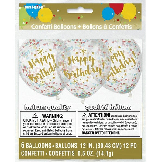 6pk Confetti Birthday Balloons - Gold